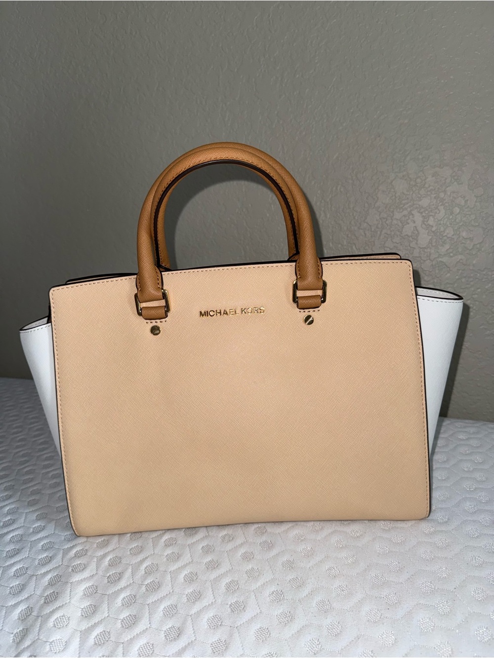 Michael Kors Two-Tone Beige and White Pebbled Leather Satchel